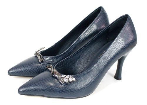Дамски официални обувки Luxe Éternelle – тъмно син цвят, естествена кожа, висок тънък ток