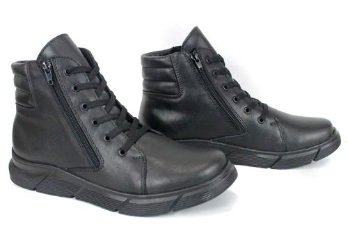 Мъжки спортно-ежедневни боти Strada Nero от естествена черна кожа с връзки, два ципа и топъл хастар