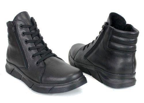 Мъжки спортно-ежедневни боти Strada Nero от естествена черна кожа с връзки, два ципа и топъл хастар