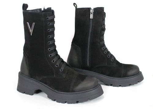 Дамски кубинки Terra Vento от естествен черен набук с връзки и цип