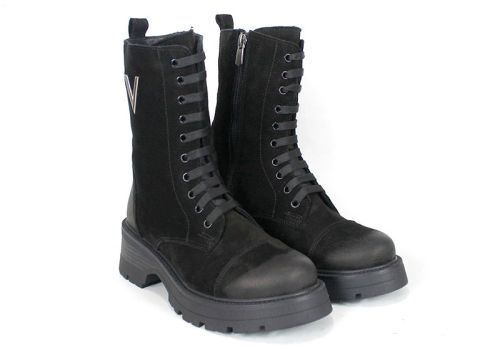 Дамски кубинки Terra Vento от естествен черен набук с връзки и цип