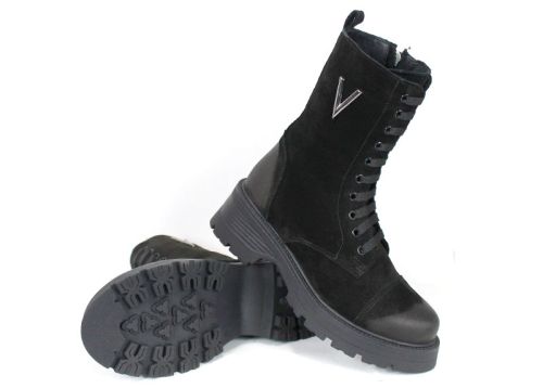 Дамски кубинки Terra Vento от естествен черен набук с връзки и цип