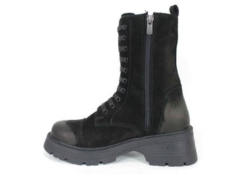 Дамски кубинки Terra Vento от естествен черен набук с връзки и цип