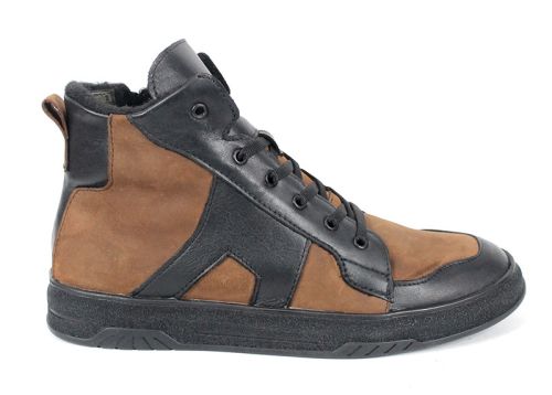 Мъжки боти Strada Vero от естествена кожа в черно и светло кафяво, с връзки и страничен цип