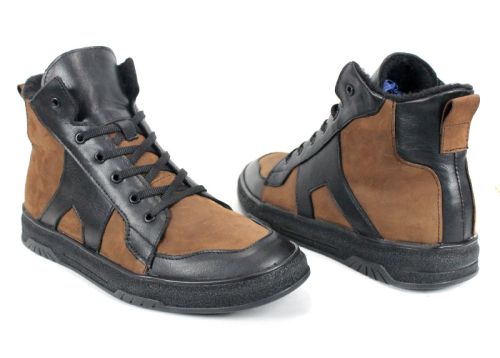 Мъжки боти Strada Vero от естествена кожа в черно и светло кафяво, с връзки и страничен цип