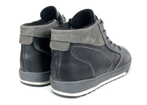 Мъжки спортно-ежедневни боти от естествена кожа и набук в тъмно сив цвят с топъл хастар и каучуково ходило