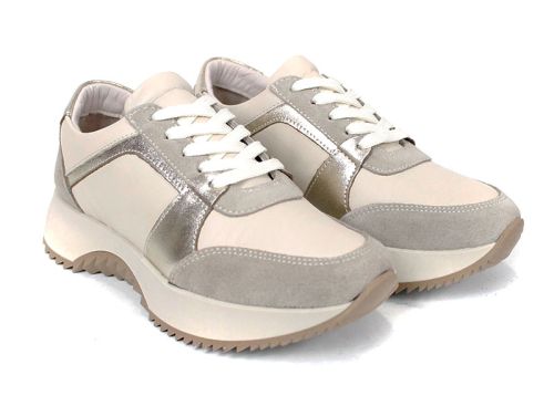 Дамски сникърси Luce Argento от бежова естествена кожа и велур със златисти кожени елементи