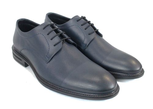 Мъжки официални обувки от тъмносиня естествена кожа с връзки и кожен хастар