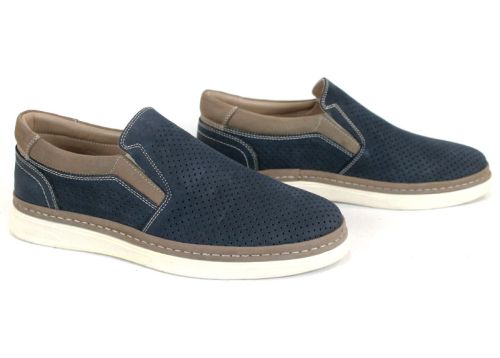 Мъжки летни обувки без връзки от естествен тъмносин набук с визон детайли и гъвкаво ходило