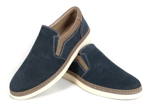 Мъжки летни обувки без връзки от естествен тъмносин набук с визон детайли и гъвкаво ходило