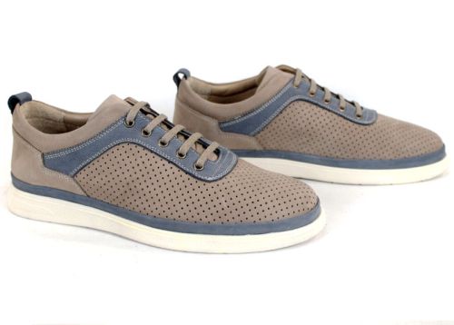 Мъжки летни обувки Arvo Pace от естествен перфориран набук в бежов цвят с дънково син акцент