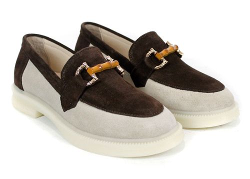 дамски лоуфъри естествен велур бежово и тъмно кафяво Lora Line