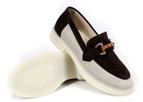 дамски лоуфъри естествен велур бежово и тъмно кафяво Lora Line