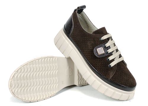 дамски летни обувки Nova Grace от естествен велур в тъмнокафяво