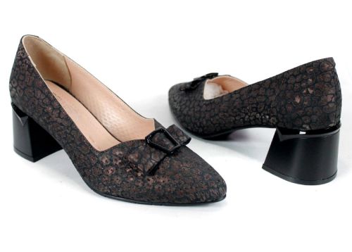 дамски обувки Serena Vento от естествена кожа кафяво черен леопардов принт дебел ток