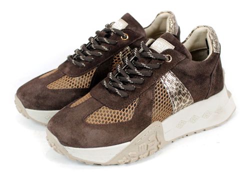 Celine Viora – дамски сникърси от естествен велур и мрежа в тъмно кафяво