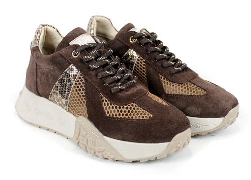 Celine Viora – дамски сникърси от естествен велур и мрежа в тъмно кафяво