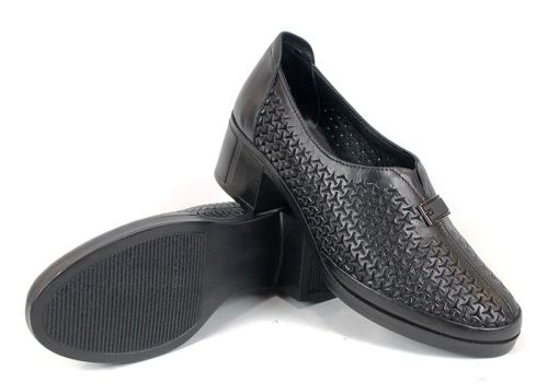 дамски черни обувки естествена кожа перфорация летни обувки нисък ток черно кожа