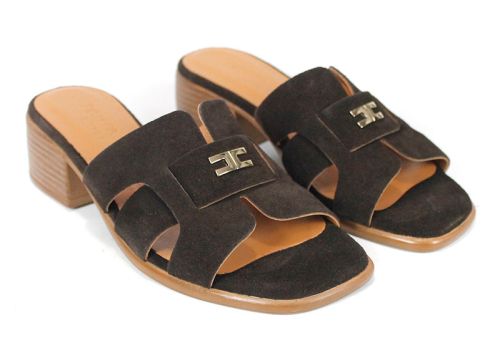 Liora Vento – дамски чехли от естествен велур с елегантен ток в тъмно кафяво