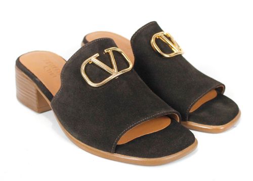 Viora Lume – дамски велурени чехли с елегантен ток в тъмно кафяво