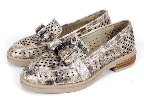 Дамски летни обувки Pure Motion от естествена кожа с перфорация – визон с кроко принт и златист ефект
