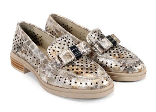 Дамски летни обувки Pure Motion от естествена кожа с перфорация – визон с кроко принт и златист ефект