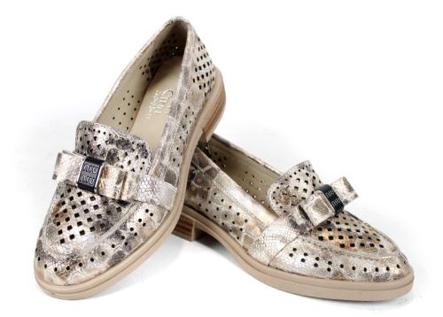 Дамски летни обувки Pure Motion от естествена кожа с перфорация – визон с кроко принт и златист ефект