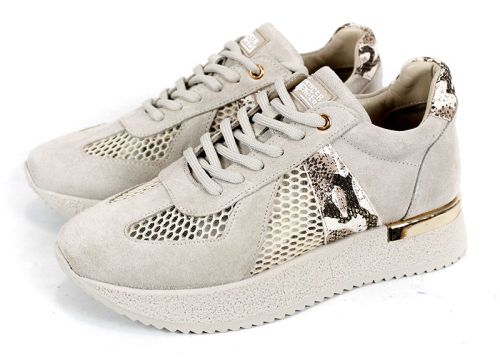 sneakers dama bej din velur cu plasă și accent python