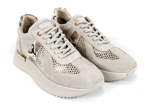 Melora Vanté – sneakers dama din piele velur cu inserții din plasă și accent python în nuanță bej