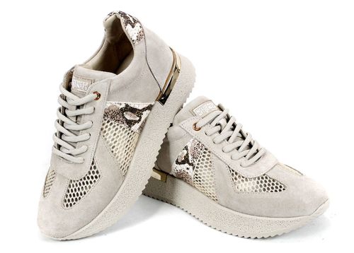 Melora Vanté – sneakers dama din piele velur cu inserții din plasă și accent python în nuanță bej