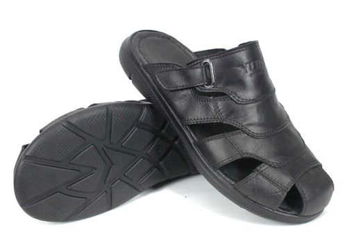 Tempo Sole – мъжко сабо с двойно велкро регулиране от естествена кожа в черно