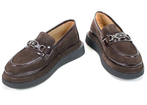 Mocasini damă Valentina Ricci din piele naturală velur și lac – maro închis cu platformă ușoară