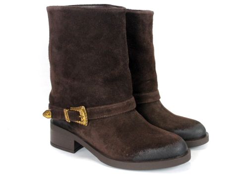 Camilla Roversi dark brown suede women's boots with gold-tone buckle