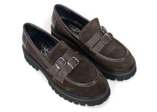 Mira Belle – Women's Loafers in Genuine Suede and Leather, Dark Brown