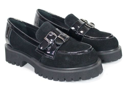 Mira Belle – Women's Loafers in Black Genuine Suede and Leather