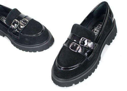 Mira Belle – Women's Loafers in Black Genuine Suede and Leather