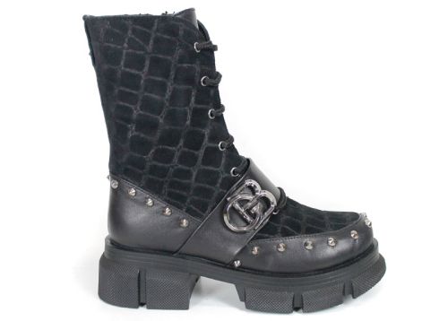 Women's Black Punk Boots in Leather and Croc-Embossed Suede Vittoria Ribelle