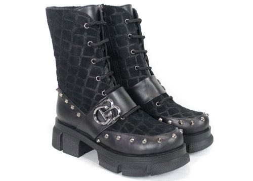 Women's Black Punk Boots in Leather and Croc-Embossed Suede Vittoria Ribelle