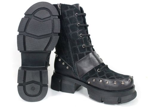 Women's Black Punk Boots in Leather and Croc-Embossed Suede Vittoria Ribelle