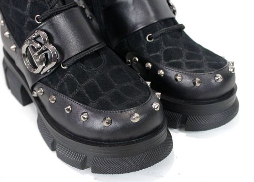 Women's Black Punk Boots in Leather and Croc-Embossed Suede Vittoria Ribelle
