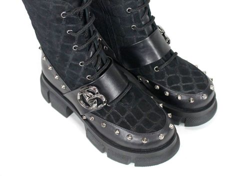 Women's Black Punk Boots in Leather and Croc-Embossed Suede Vittoria Ribelle