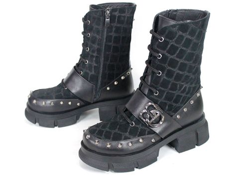 Women's Black Punk Boots in Leather and Croc-Embossed Suede Vittoria Ribelle