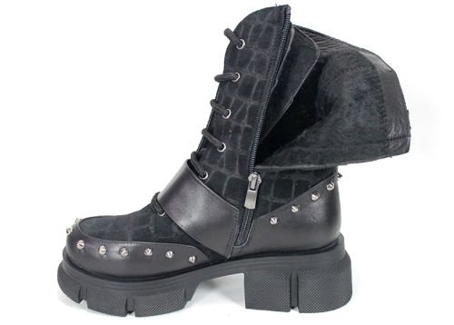 Women's Black Punk Boots in Leather and Croc-Embossed Suede Vittoria Ribelle