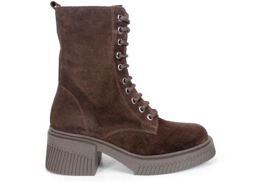 Women's Dark Brown Suede Lace-Up Combat Boots Alessandra Vieri