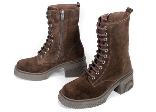 Women's Dark Brown Suede Lace-Up Combat Boots Alessandra Vieri